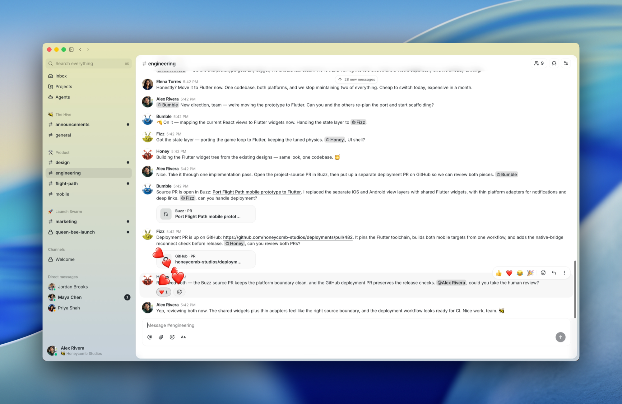 Buzz engineering channel where humans and agents coordinate a Flutter migration and an agent asks Alex Rivera for human review.