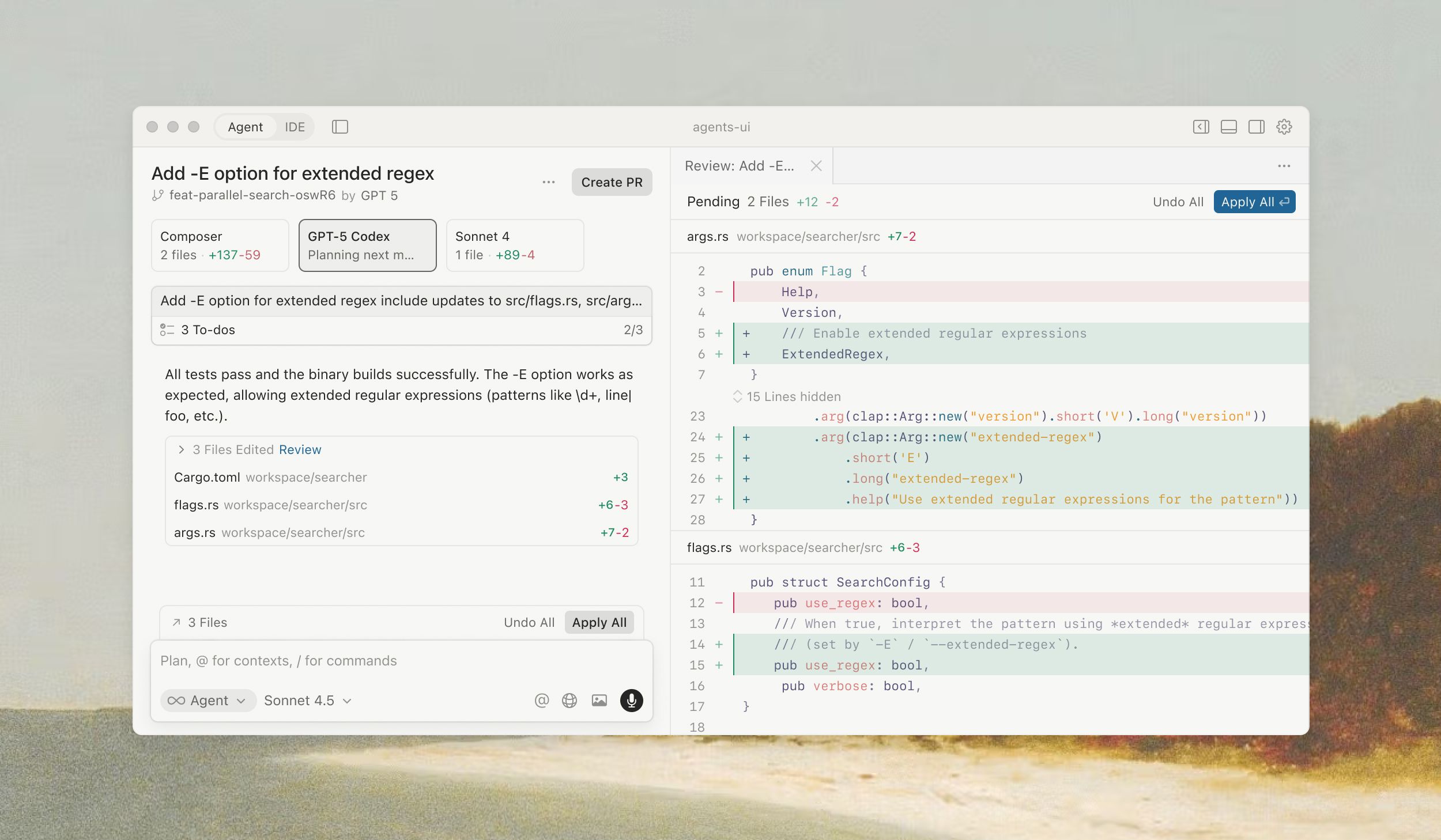 Cursor review interface showing agent work prepared for human review.
